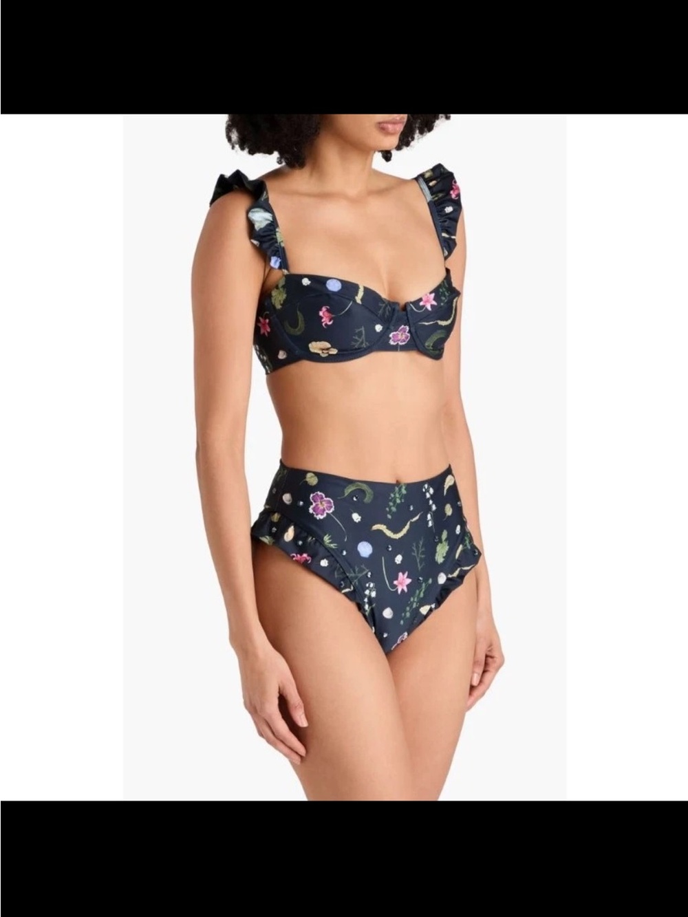 Agua Bendita Navy Floral Ruffle High-Waist Bikini
